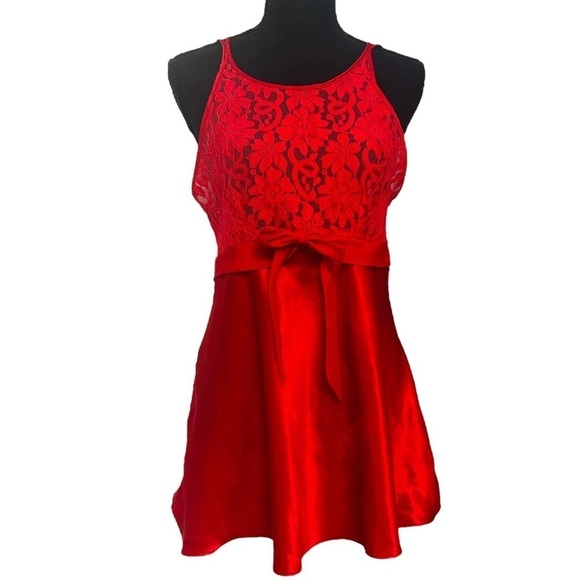Vintage Lingerie Babydoll Dress Floral Lace Satin Red Coquette Dainty Small - Picture 1 of 4